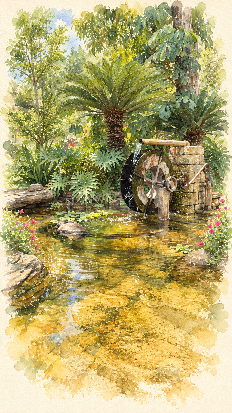Aquarela do jardim da Oriental Garden, com roda d’água, lago e vegetação
