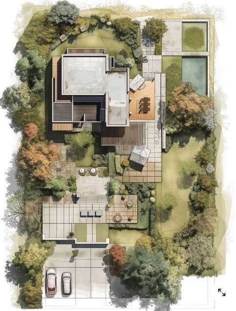 Referência ilustrativa de jardim residencial com árvores, gramado, piscina e áreas de convivência