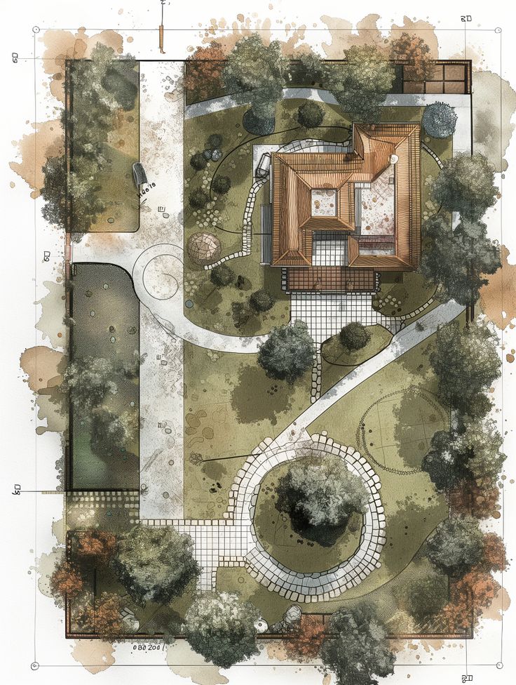 Referência ilustrativa de planta paisagística com caminhos curvos e vegetação em aquarela